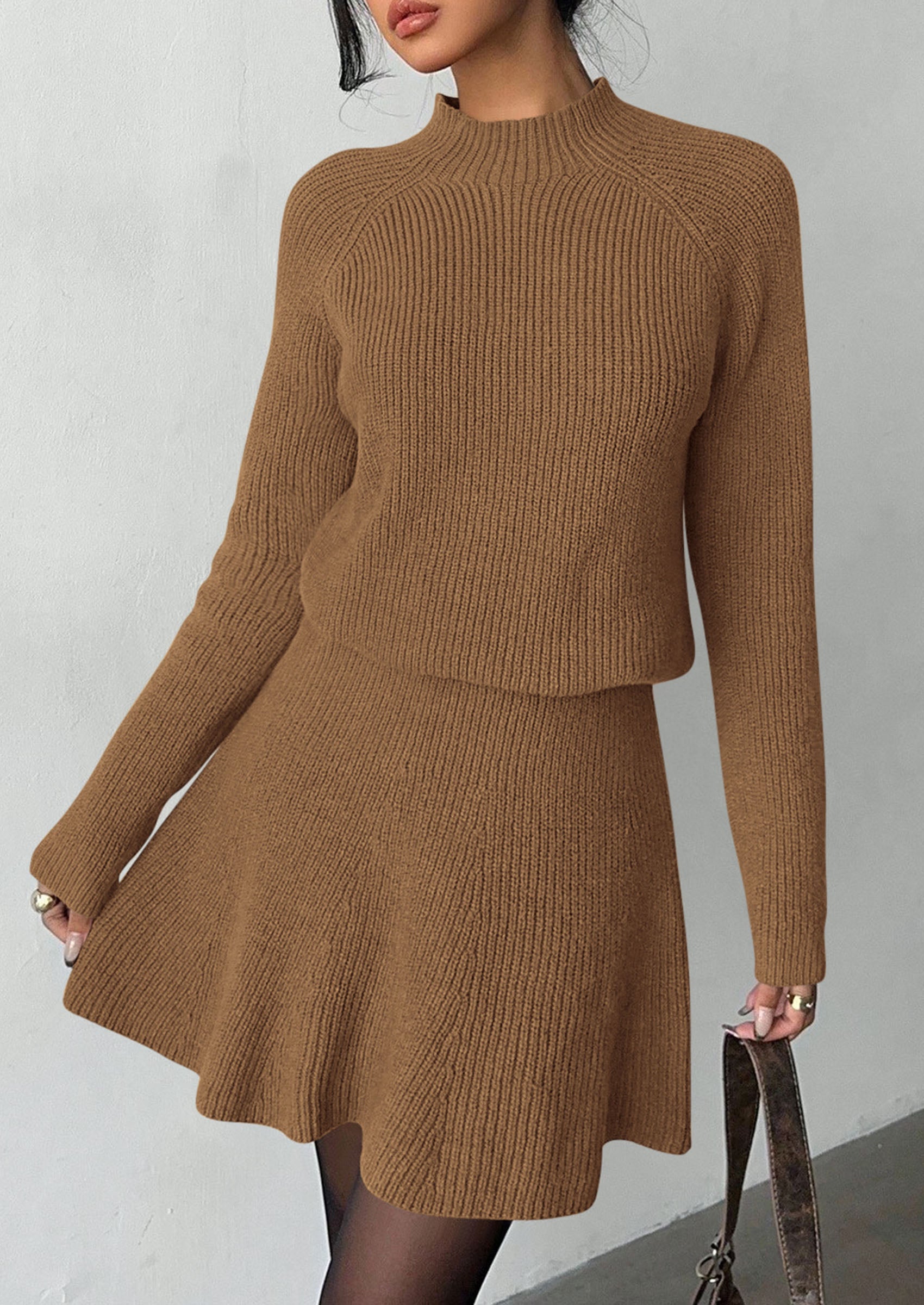PRETTYGARDEN Women's Fall 2 Piece Outfits Matching Sweater Skirt Sets  Cozy Ribbed Knit, Raglan Long Sleeve, Crewneck Pullover, Elastic Waist A Line, Mini Short Skirts, Holiday Winter Clothing