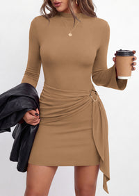 PRETTYGARDEN Women Long Sleeve Bodycon Ruched Mini Dress | Mock Neck Gold Buckle, Slim Fit, Weeding Guest Dress, Elegant Dressy Casual, Cocktail Party Date Night, Fall Winter Outfits