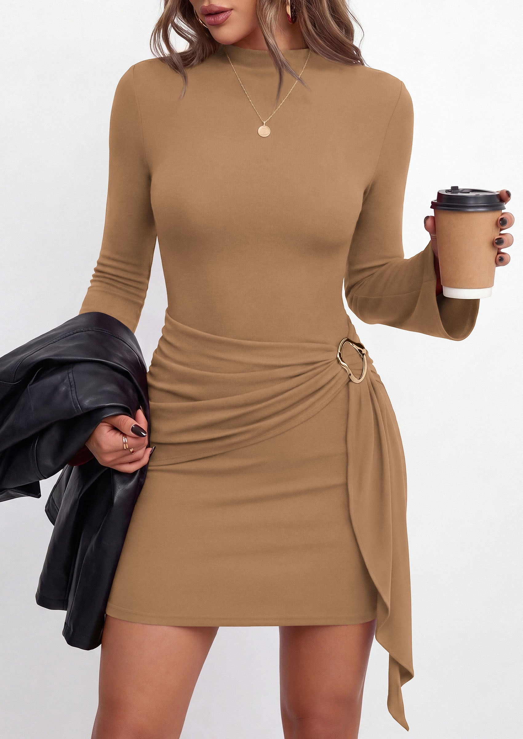 PRETTYGARDEN Women Long Sleeve Bodycon Ruched Mini Dress | Mock Neck Gold Buckle, Slim Fit, Weeding Guest Dress, Elegant Dressy Casual, Cocktail Party Date Night, Fall Winter Outfits