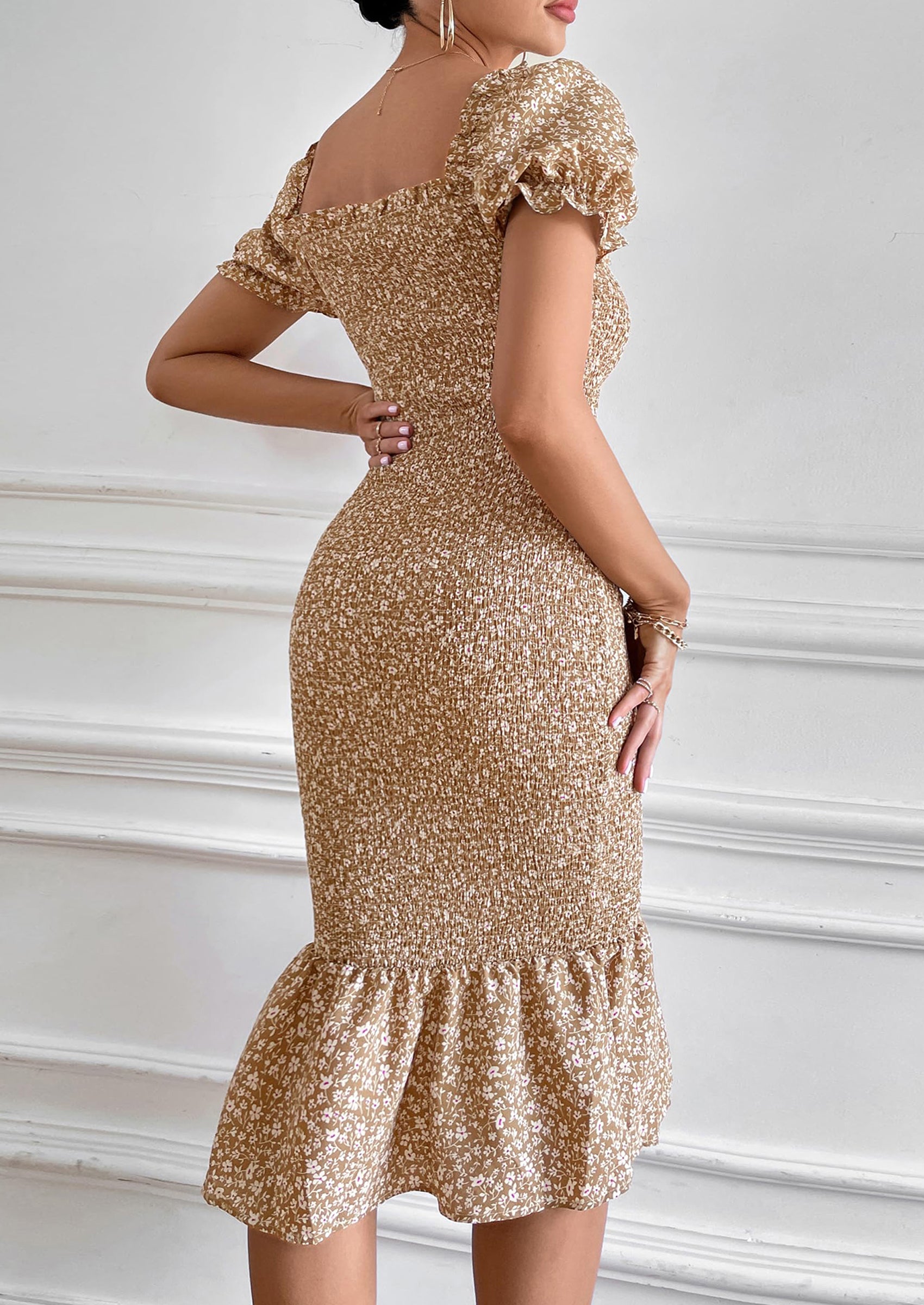 PRETTYGARDEN Bodycon Midi Dresses Summer Floral Puff Sleeve Mermaid Cocktail Baby Shower Photoshoot Maternity Dress