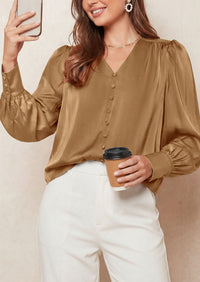 PRETTYGARDEN Satin Long Sleeve Womens Blouses Dressy Casual | Glossy Smooth Silk Fabric,Lantern Sleeve Fall Tops,Decorative Button Pullover,V Neck Shirts,Office Work Business Outfits