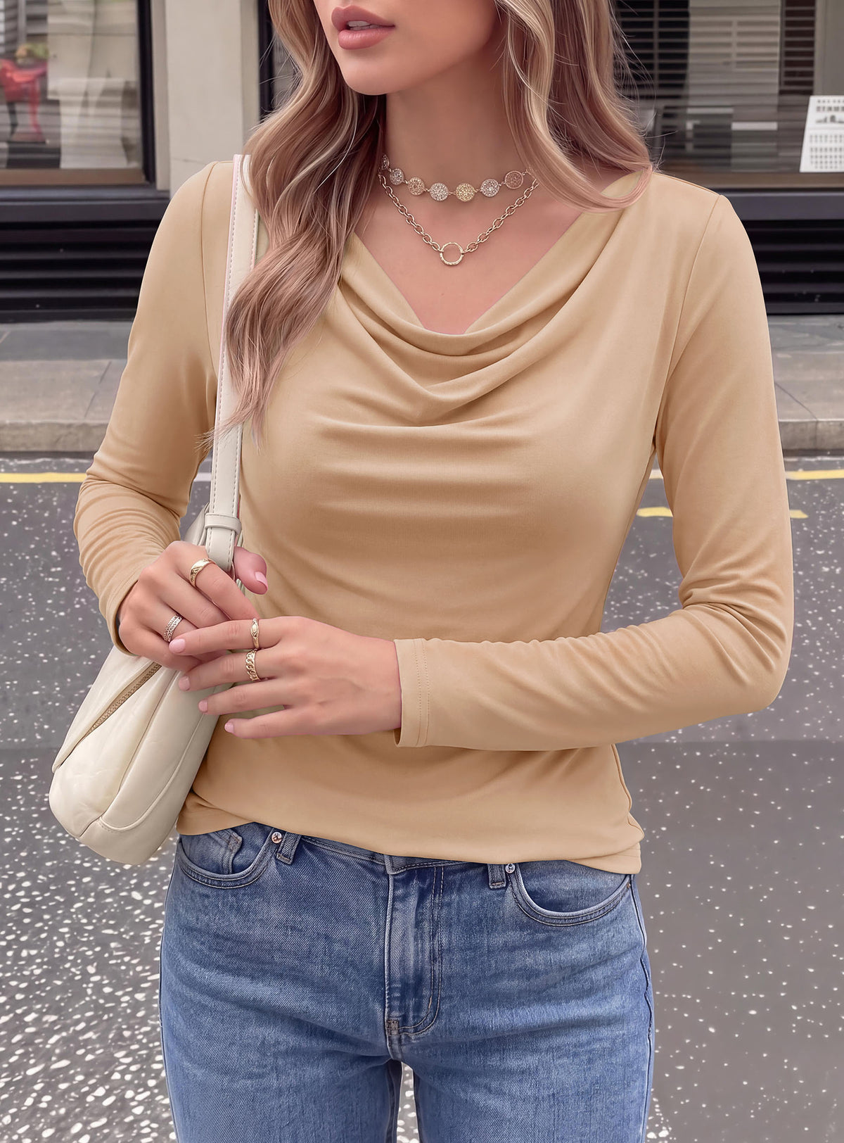 PRETTYGARDEN Cowl Neck Tops for Women Fashion Long Sleeve Shirt  Comfy Ruched Shirts, Soft Lightweight Knit, Chic Cowl Neck Top, Casual Going Out Outfits, Fall Winter Trendy Clothes