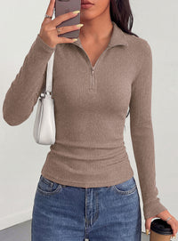 PRETTYGARDEN Women's Fall Quarter Zip Long Sleeve Shirts | Soft Stretchy Ribbed Knit, Collared Zipper Slim Fitted, Raglan Sleeves Pullover, Dressy Casual Tops, Trendy Going Out Outfits