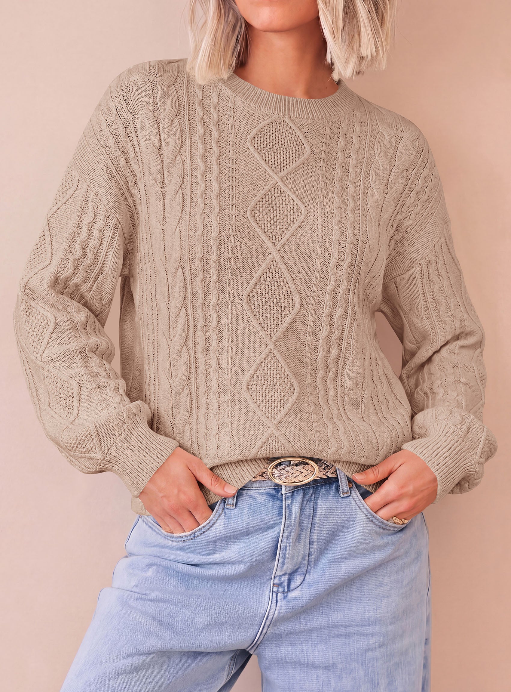 PRETTYGARDEN Womens Cable Knit Sweater Crewneck Pullover | Soft Ribbed Cuffs,Relaxed Fit Long Sleeve Sweaters,Chunky Diamond,Warm Layering,Comfy Daily Wear,Fall Winter Going out Top