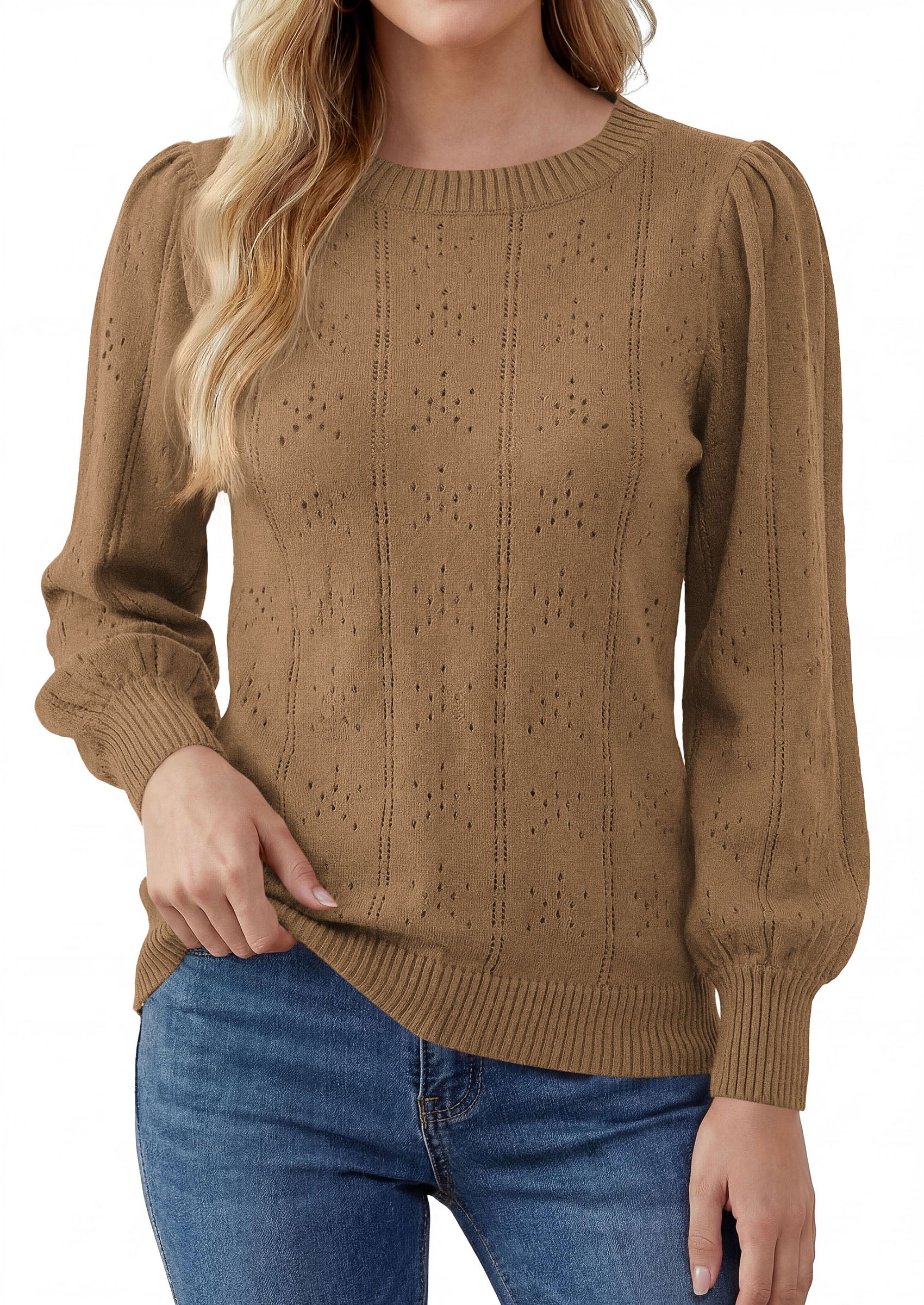 PRETTYGARDEN Women Fall Fashion Hollow Out Holiday Sweaters | Stretchy Cozy Knit, Puff Long Sleeve Pullover Tops, Crewneck Loose Fit, Dressy Casual Blouse, Trendy Winter Going Out Outfits