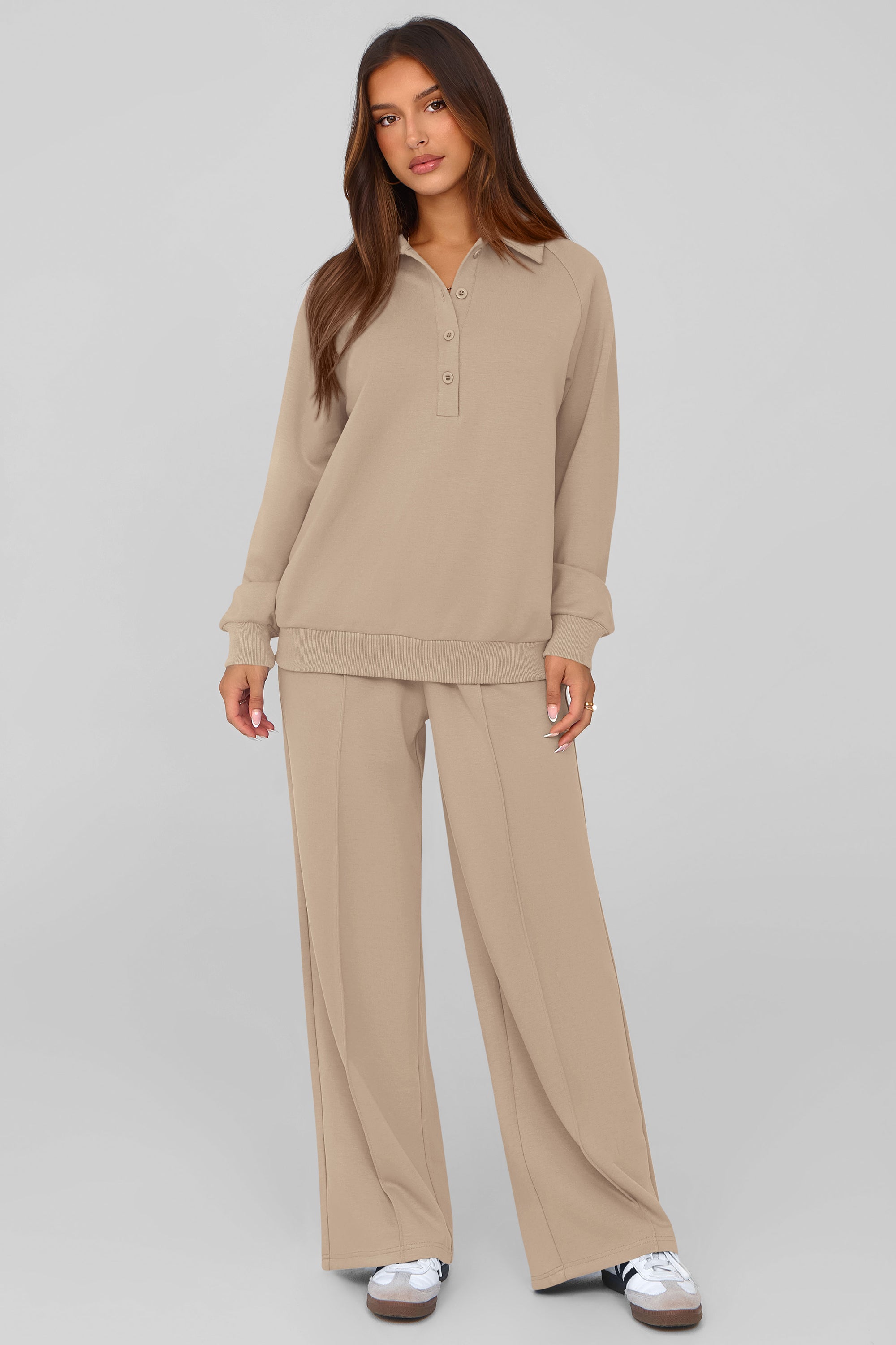 PRETTYGARDEN Women Fall 2 Piece Outfits Sweatsuits Quarter Button Long Sleeve Sweatshirt Wide Leg Pants Tracksuit Lounge Sets