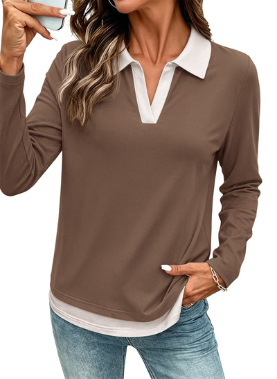 PRETTYGARDEN Womens Casual Polo T-Shirt Color Block Layered Tops | Contrast Collared V Neck Tops, Soft Double Layer T Shirts for Women, Casual Tops for Women, Trendy Fall Outfits 2026