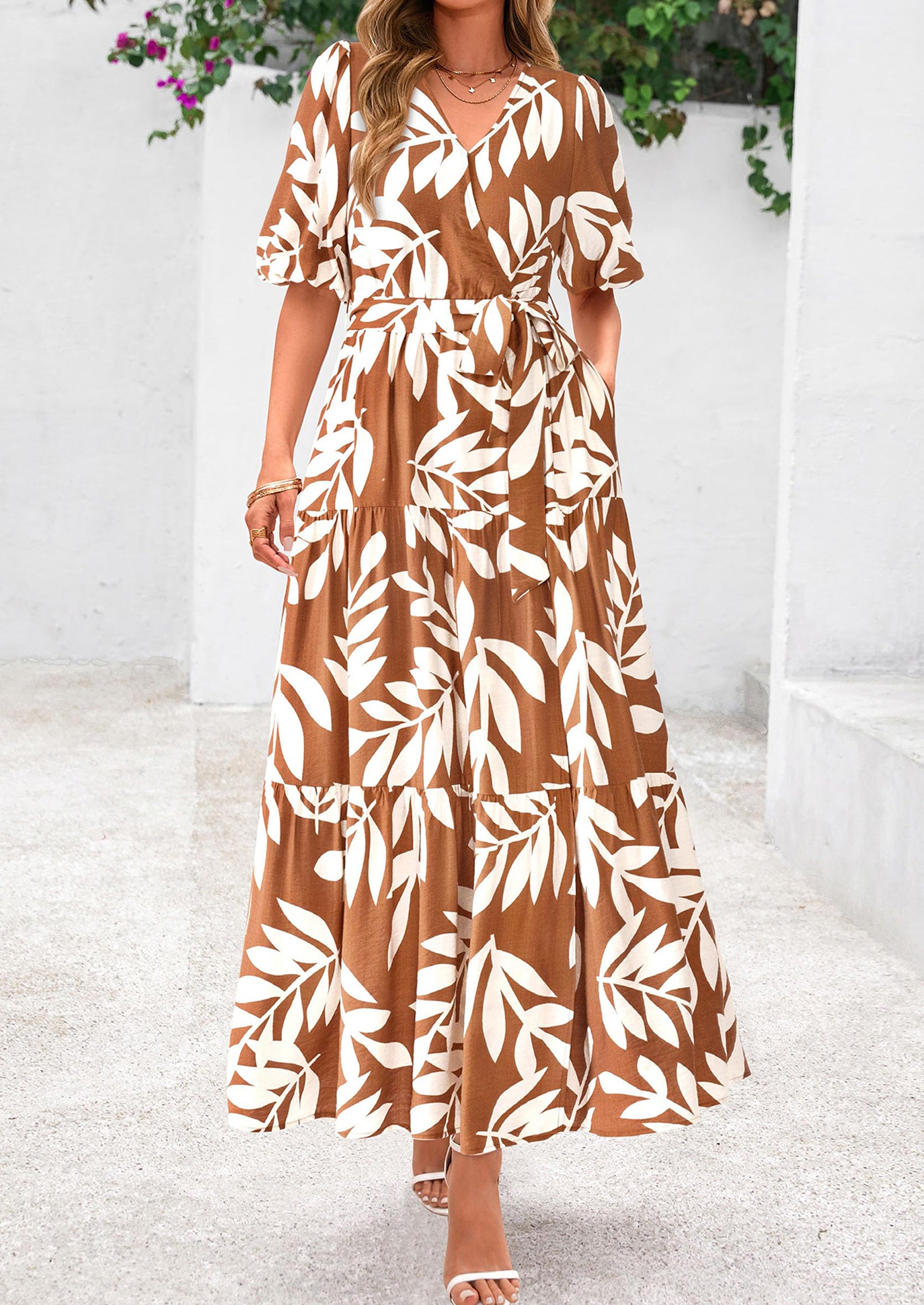 PRETTYGARDEN Women's Maxi Dress Resort Wear Boho Floral V Neck Puff Short Sleeve Ruffle Flowy Beach Long Dresses