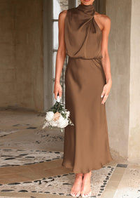 PRETTYGARDEN Women's Summer Satin Dress Elegant Sleeveless Mock Neck Cocktail Party Maxi Dresses