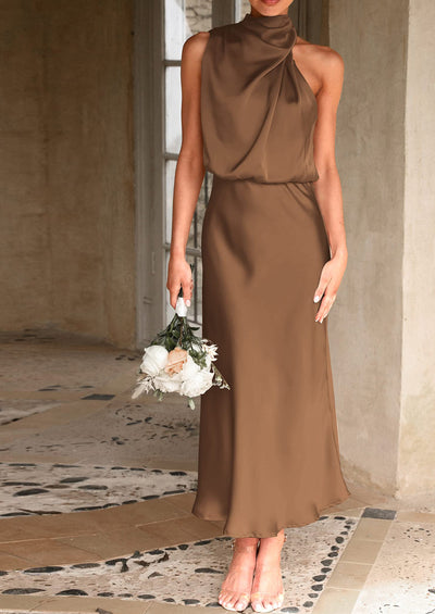 PRETTYGARDEN Women's Summer Satin Dress Elegant Sleeveless Mock Neck Cocktail Party Maxi Dresses