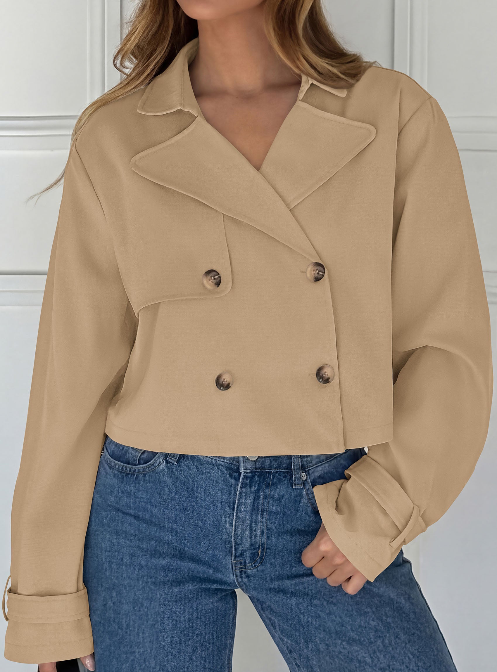PRETTYGARDEN Cropped Trench Coat For Women Short Jacket  Soft Lightweight Coats, Lapel Double Breasted, Long Sleeve Loose Fit, Casual Work Office Jackets, Fall Winter Outwear