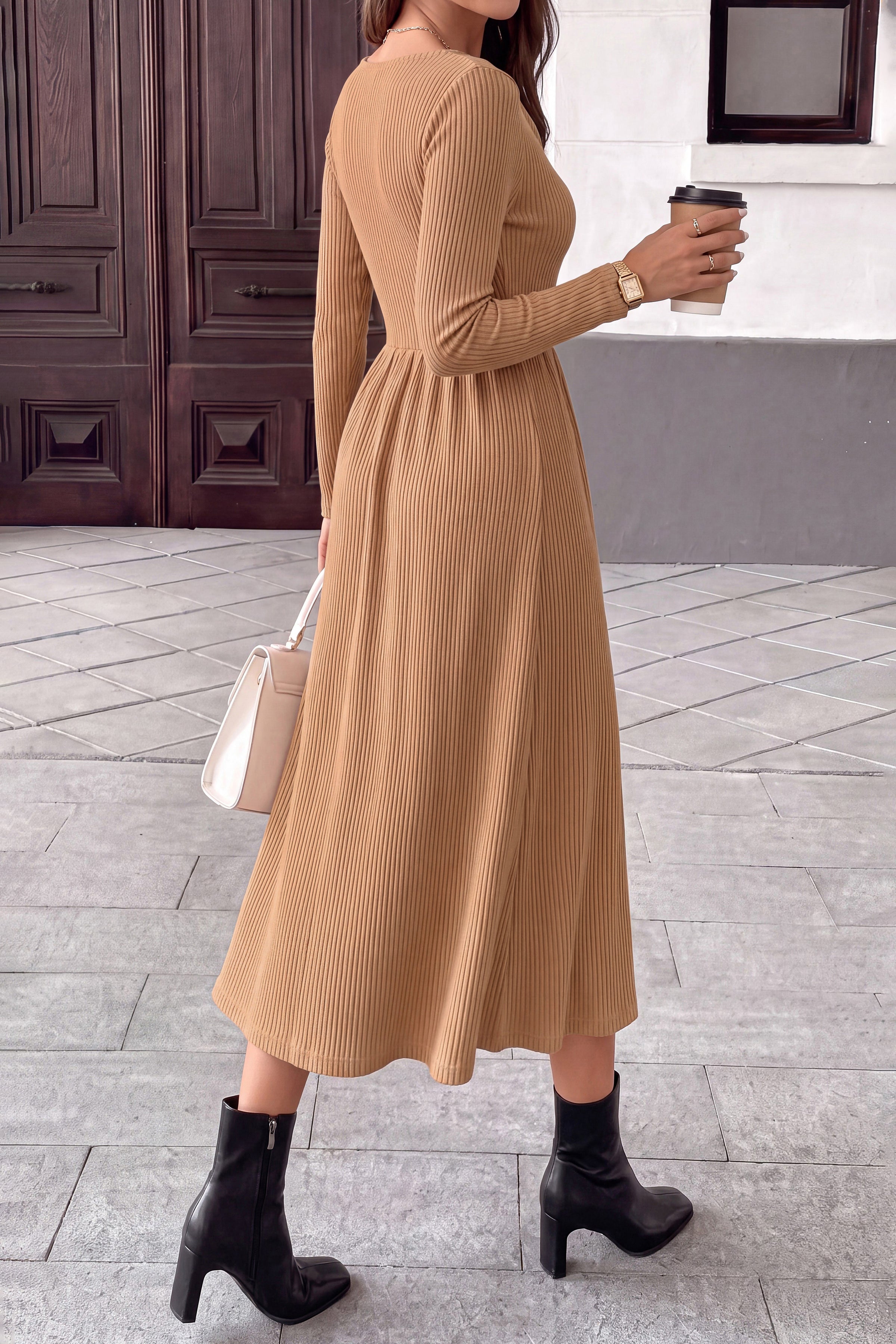 PRETTYGARDEN Women Casual Cowl Neck Long Sleeve Midi Dress