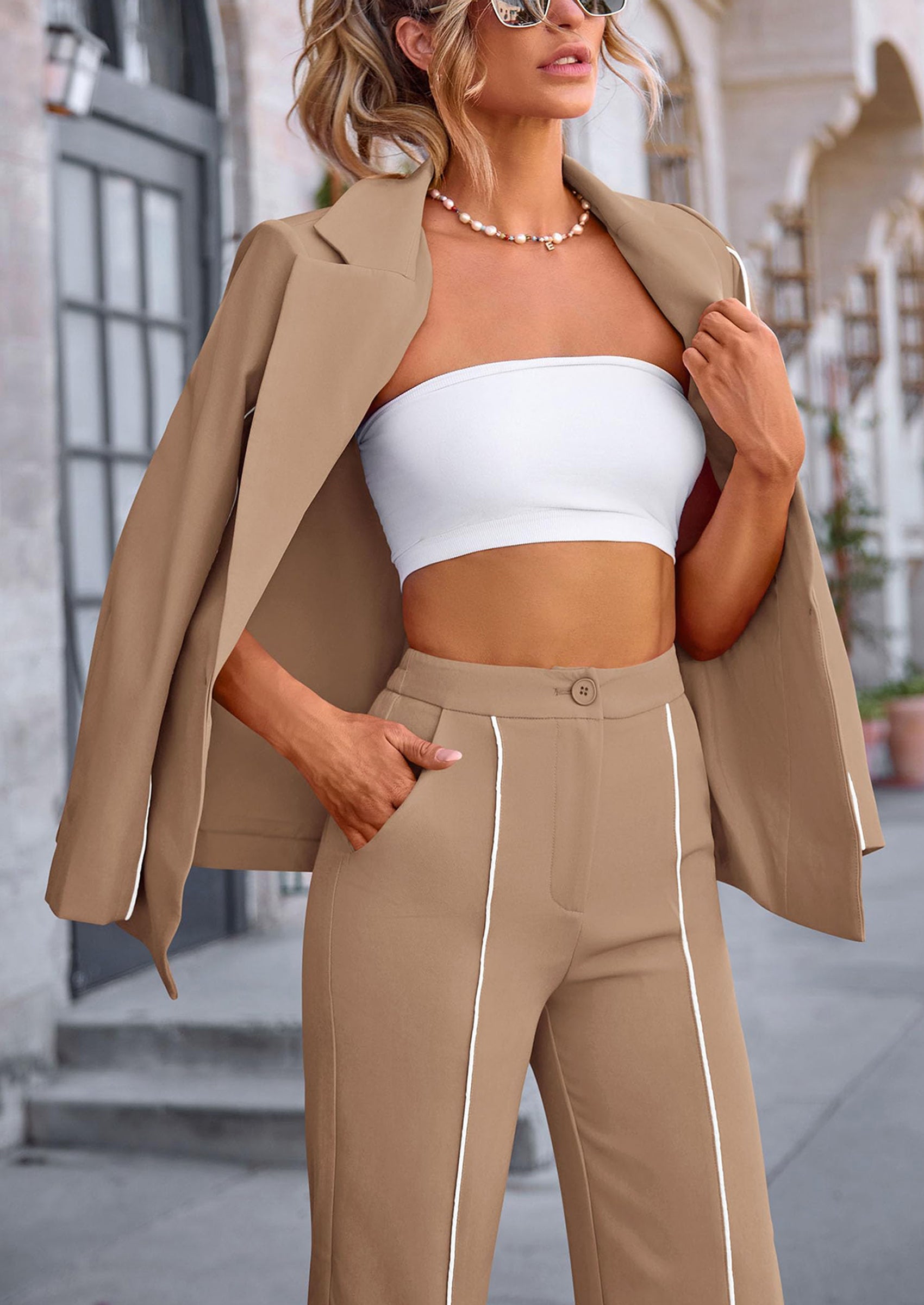 PRETTYGARDEN 2 Piece Blazer Outfits Business Casual Oversized Jacket Wide Leg Work Pants Dressy Suit Set