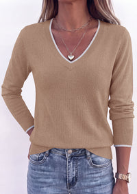 PRETTYGARDEN Women's V Neck Sweater Long Sleeve Knit Tops | Contrast Trim, Cozy Lightweight Pullover, Loose Basic Soft, Business Casual, Holiday Vacation Outfits, Fall Winter Clothes