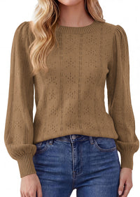 PRETTYGARDEN Women Fall Fashion Hollow Out Holiday Sweaters | Stretchy Cozy Knit, Puff Long Sleeve Pullover Tops, Crewneck Loose Fit, Dressy Casual Blouse, Trendy Winter Going Out Outfits