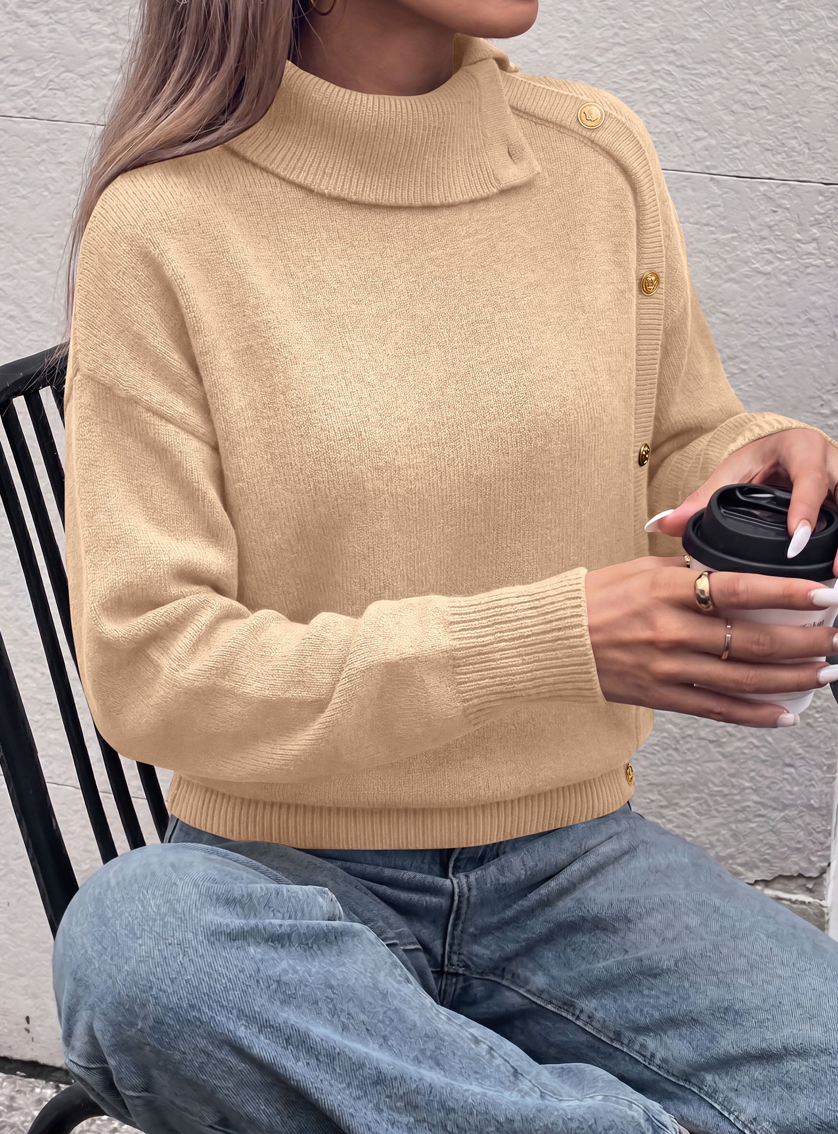 PRETTYGARDEN Womens Turtleneck Sweater Pullover Side Button Fall Clothes  Stretchy Knit,Dropped Shoulder,Ribbed Cuffs,Asymmetrical,Jumper Long Sleeve Tops,Work Office,2026 Winter Casual Outfits