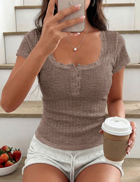 PRETTYGARDEN Summer Tops for Women 2026 Short Sleeve Lace Trim Slim Fitted Henley Tee Shirts Y2K Fashion Clothing PRETTYGARDEN