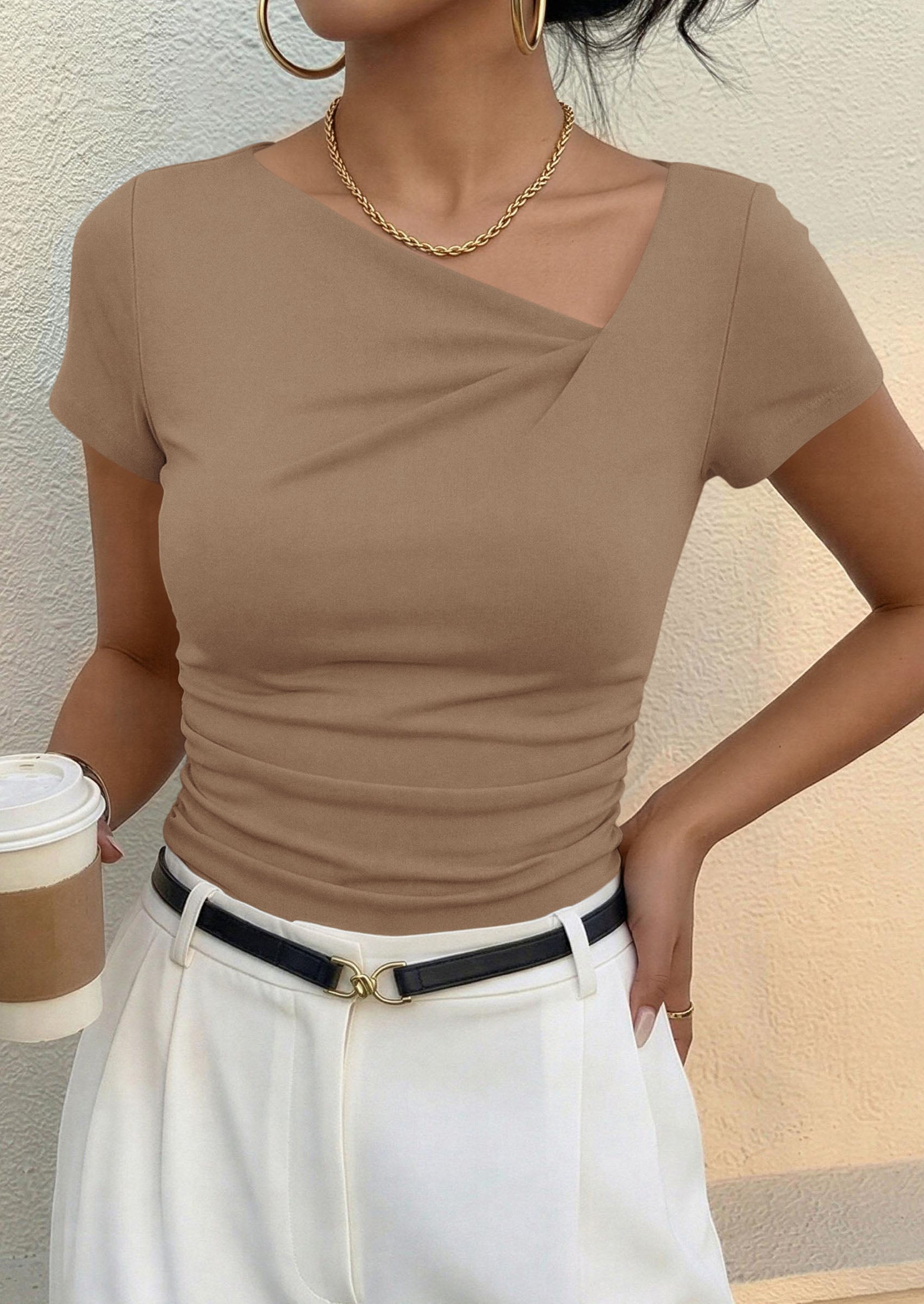 PRETTYGARDEN Women's 2026 Summer Asymmetrical Y2K Tops Trendy Ribbed Short Sleeve Fitted Tee Shirts Spring Fashion Clothing
