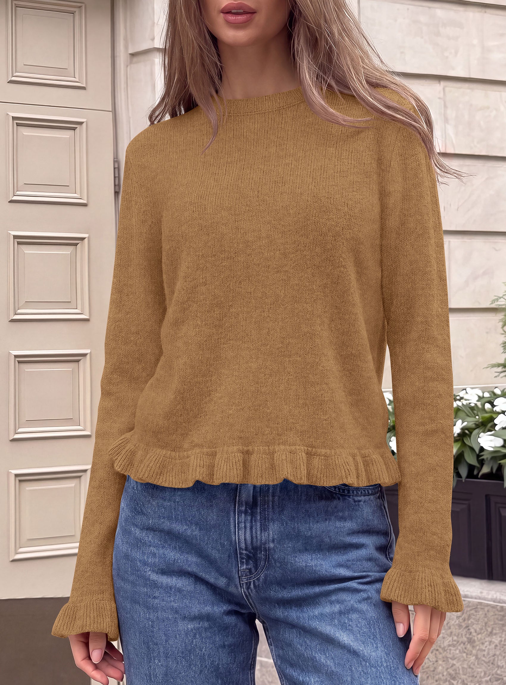 PRETTYGARDEN Women's Ruffle Sweaters Fall Fashion Cozy Knit Pullover  Soft Warm Chunky, Crewneck Long Sleeve, Cute Peplum Tops, Dressy Casual Blouses, Going Out Holiday, Trendy Winter Outfits