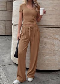 PRETTYGARDEN 2 Piece Sets for Women Summer 2026 Spring Lounge Set Matching V Neck Tops Wide Leg Pants Airport Travel Outfits PRETTYGARDEN