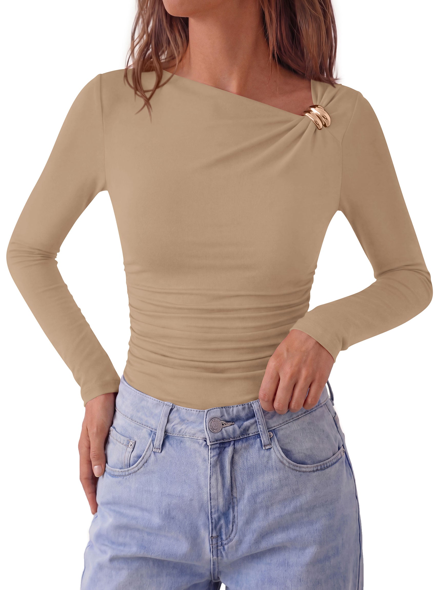 PRETTYGARDEN Long Sleeve Shirts for Women 2026 Ruched Knit Asymmetrical Tight Fitted Going Out Tops Y2k Fall Clothes