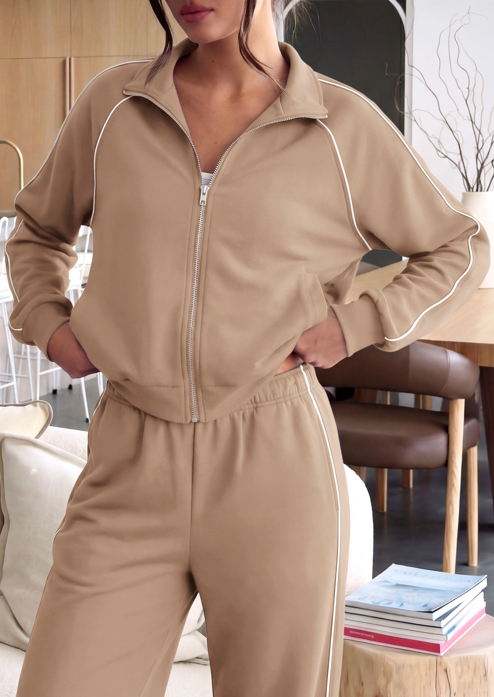 PRETTYGARDEN Women's 2 Piece Sweat Set Casual Fall Outfits | Zip Up Sweatshirt,Wide Leg Pants Sweatsuits,Side Stripes,Matching Lounge Sets,Athletic Wear for Airport,Jogging,Travel,Daily