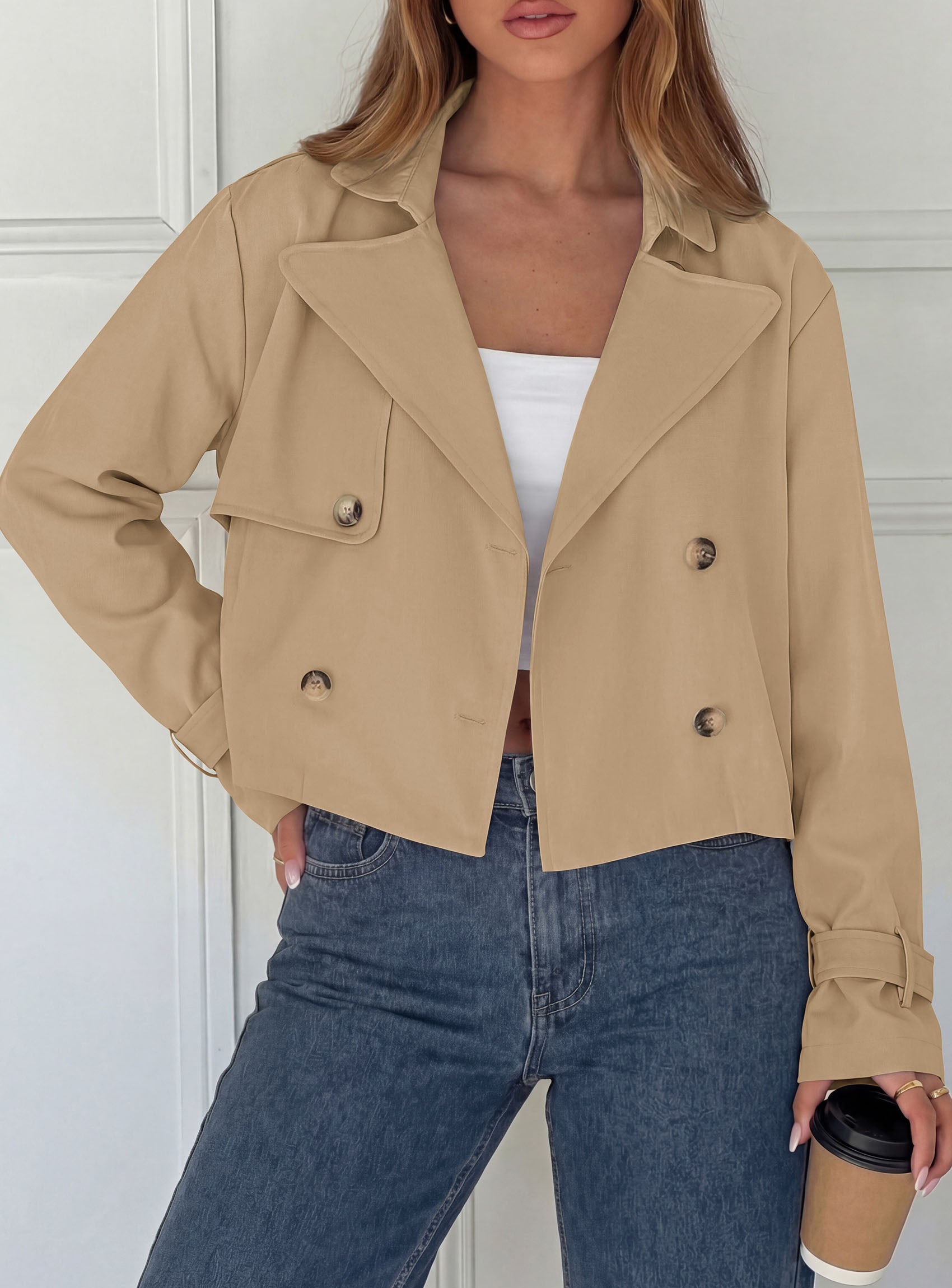 PRETTYGARDEN Cropped Trench Coat For Women Short Jacket  Soft Lightweight Coats, Lapel Double Breasted, Long Sleeve Loose Fit, Casual Work Office Jackets, Fall Winter Outwear
