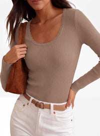 PRETTYGARDEN Women's Fall Lightweight Ribbed Knit Sweaters | Stretchy Cozy Knitwear,Scalloped Scoop Neck,Long Sleeve Shirts,Slim Fitted Pullover,Basic Layering Tops,Cute Casual Outfits