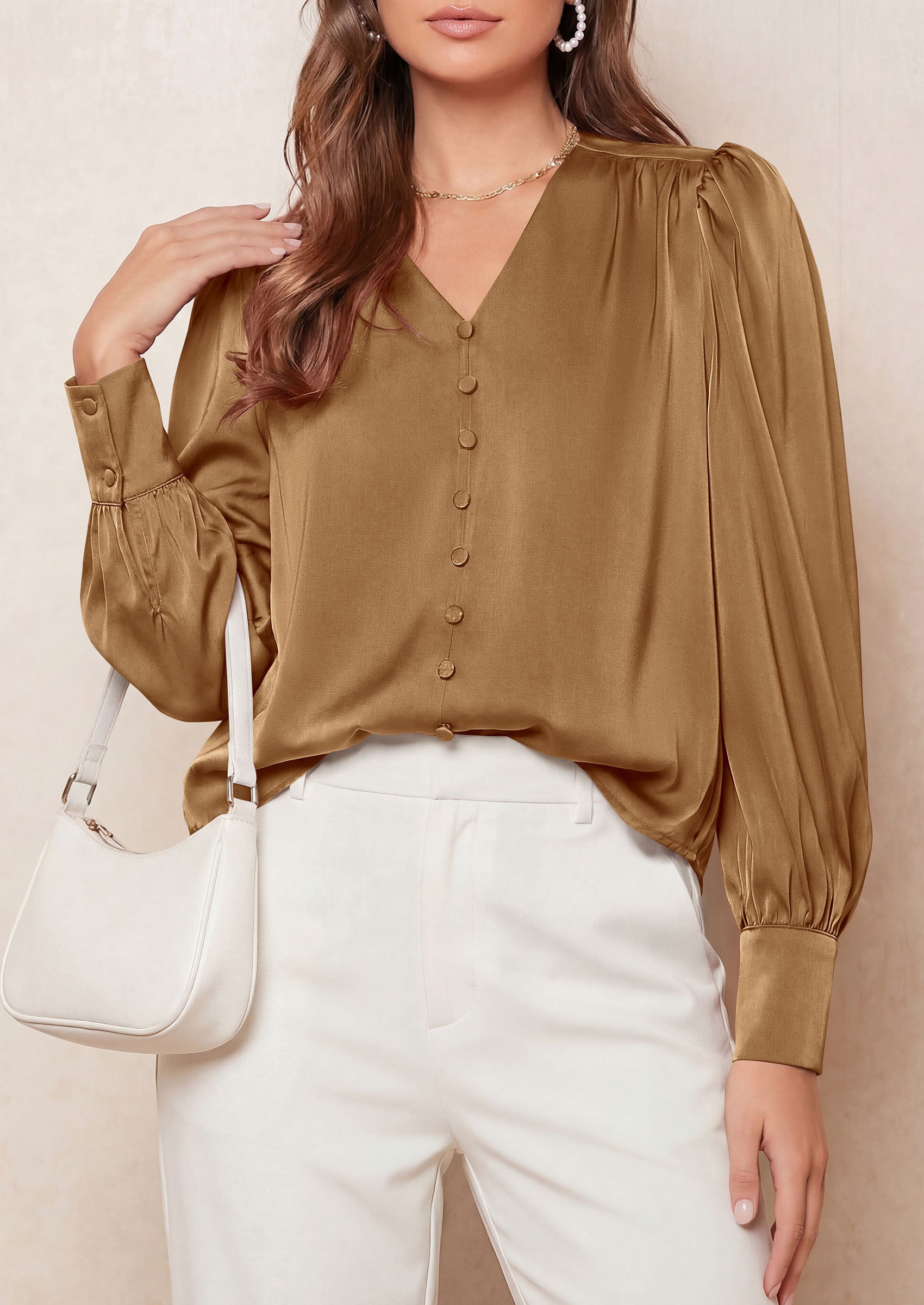 PRETTYGARDEN Satin Long Sleeve Womens Blouses Dressy Casual | Glossy Smooth Silk Fabric,Lantern Sleeve Fall Tops,Decorative Button Pullover,V Neck Shirts,Office Work Business Outfits