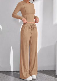 PRETTYGARDEN Womens 2 Piece Sets Long Sleeve Outfits  Soft Ribbed Knit, Loose Wide Leg Fit, Crop Top Drawstring High Waist Pants Set, Casual Lounge Travel, Matching Fall Clothes