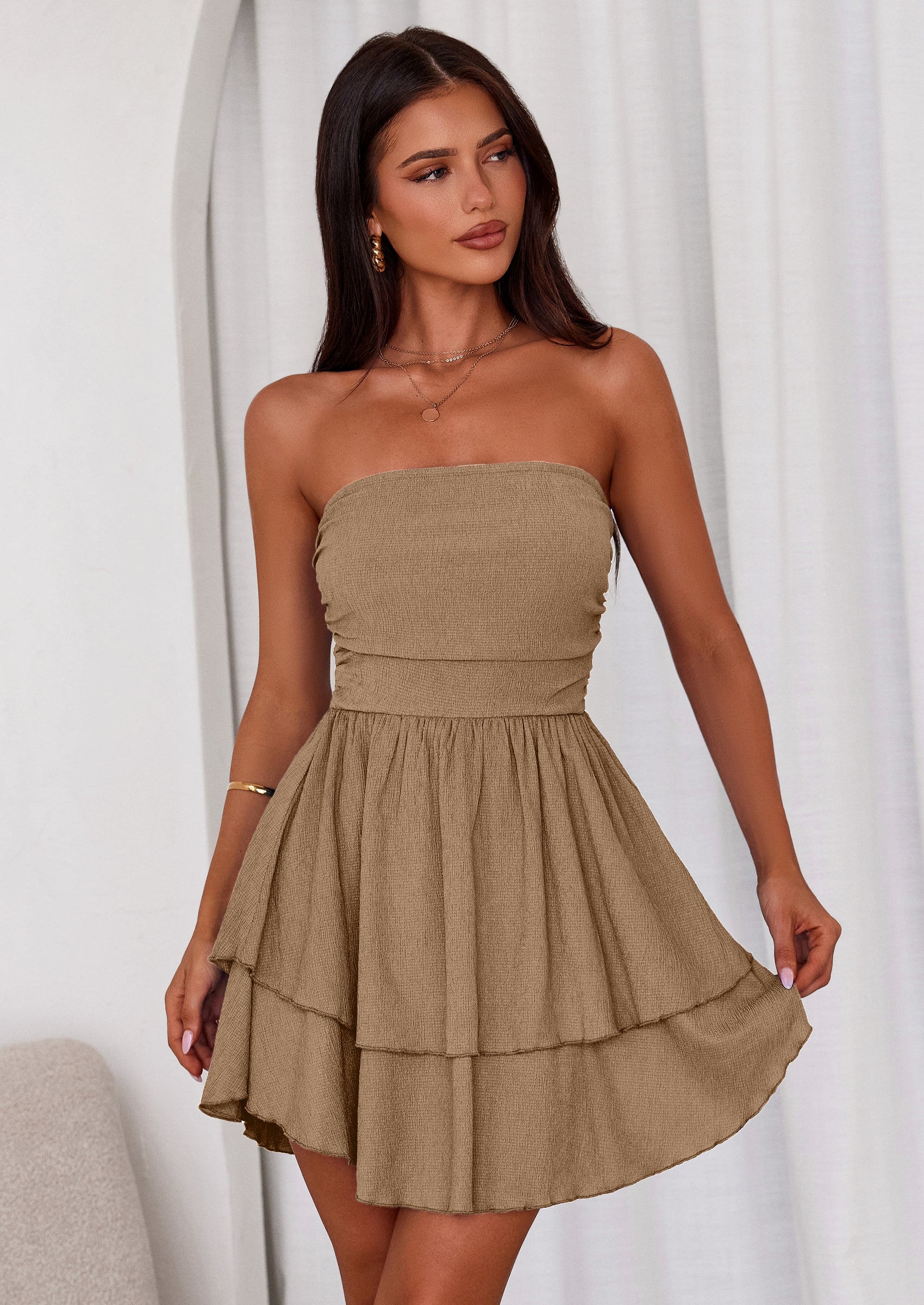 PRETTYGARDEN Women's Summer Strapless Tube Mini Dress Off Shoulder Smocked Ruffle A Line Flowy Short Party Club Dresses
