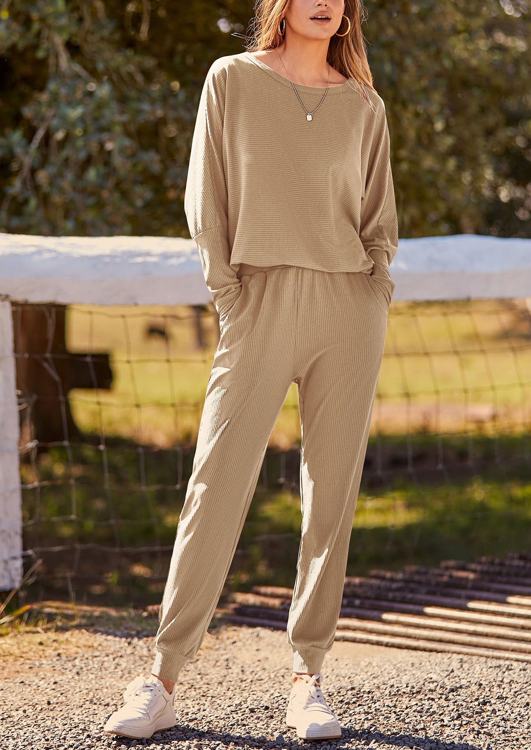 PRETTYGARDEN Women's Fall 2 Piece Lounge Set Long Sleeve Tops Ribbed Pants Spring Matching Sweatsuit Travel Outfits Clothes