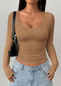 PRETTYGARDEN Womens Long Sleeve Tops 2026 Casual Scoop Neck Basic Tees Slim Fitted Tshirts Layer Knit Fall Outfits