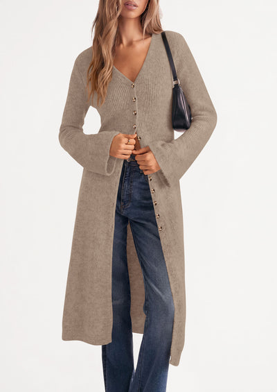 PRETTYGARDEN Women Long Cardigan Bell Sleeve Sweater Dress  Early Fall Fashion, V Neck Button Down Coats, Fit and Flare, Duster Sweater, Business Casual Outfits, Acrylic Cotton Blend
