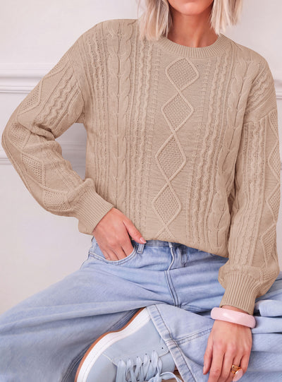PRETTYGARDEN Womens Cable Knit Sweater Crewneck Pullover | Soft Ribbed Cuffs,Relaxed Fit Long Sleeve Sweaters,Chunky Diamond,Warm Layering,Comfy Daily Wear,Fall Winter Going out Top