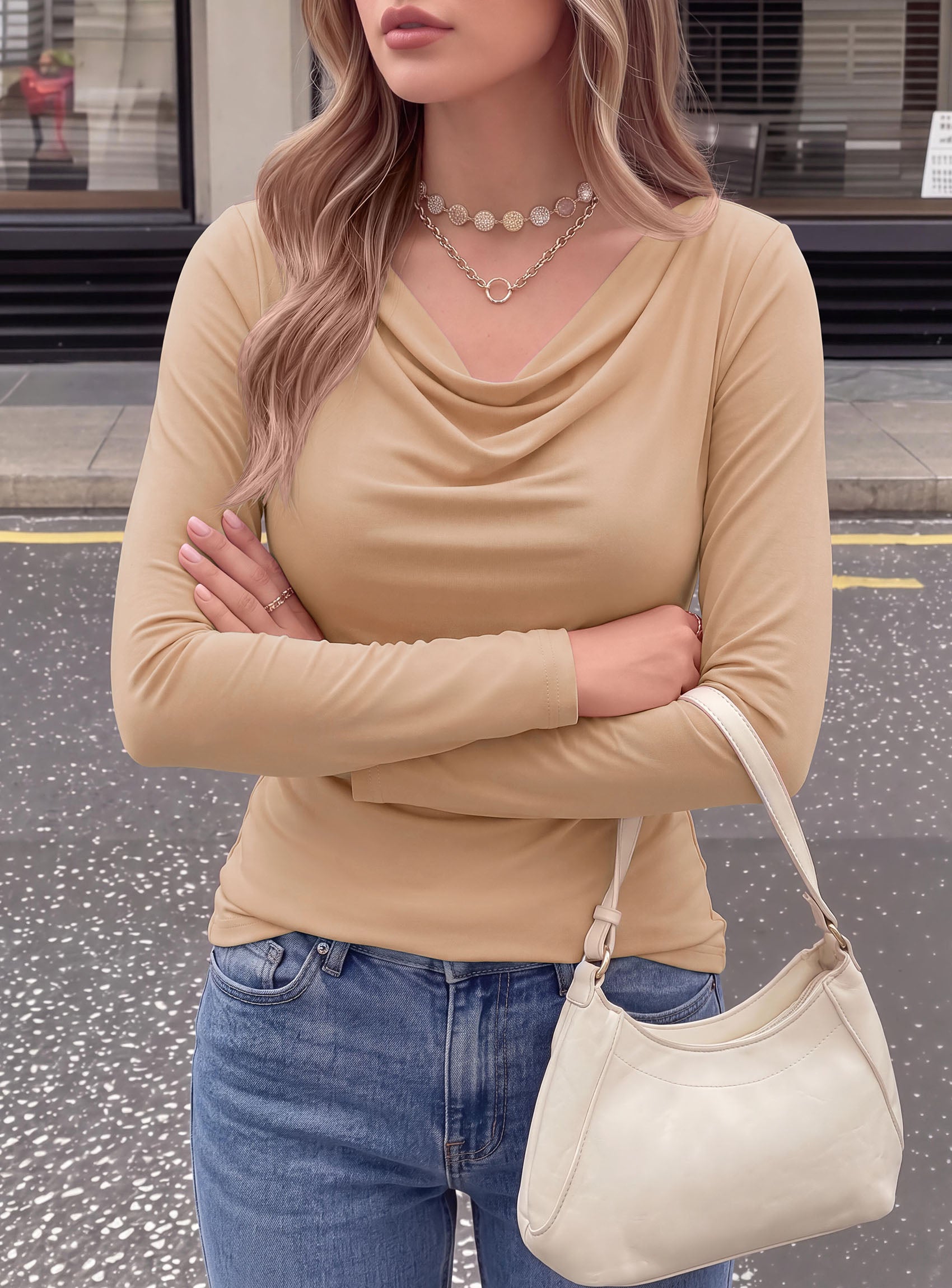 PRETTYGARDEN Cowl Neck Tops for Women Fashion Long Sleeve Shirt  Comfy Ruched Shirts, Soft Lightweight Knit, Chic Cowl Neck Top, Casual Going Out Outfits, Fall Winter Trendy Clothes