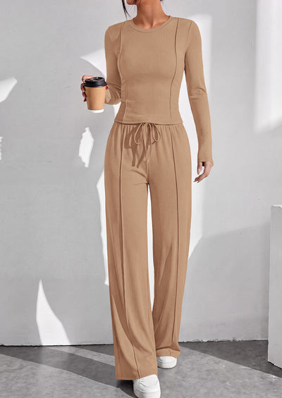 PRETTYGARDEN Womens 2 Piece Sets Long Sleeve Outfits  Soft Ribbed Knit, Loose Wide Leg Fit, Crop Top Drawstring High Waist Pants Set, Casual Lounge Travel, Matching Fall Clothes