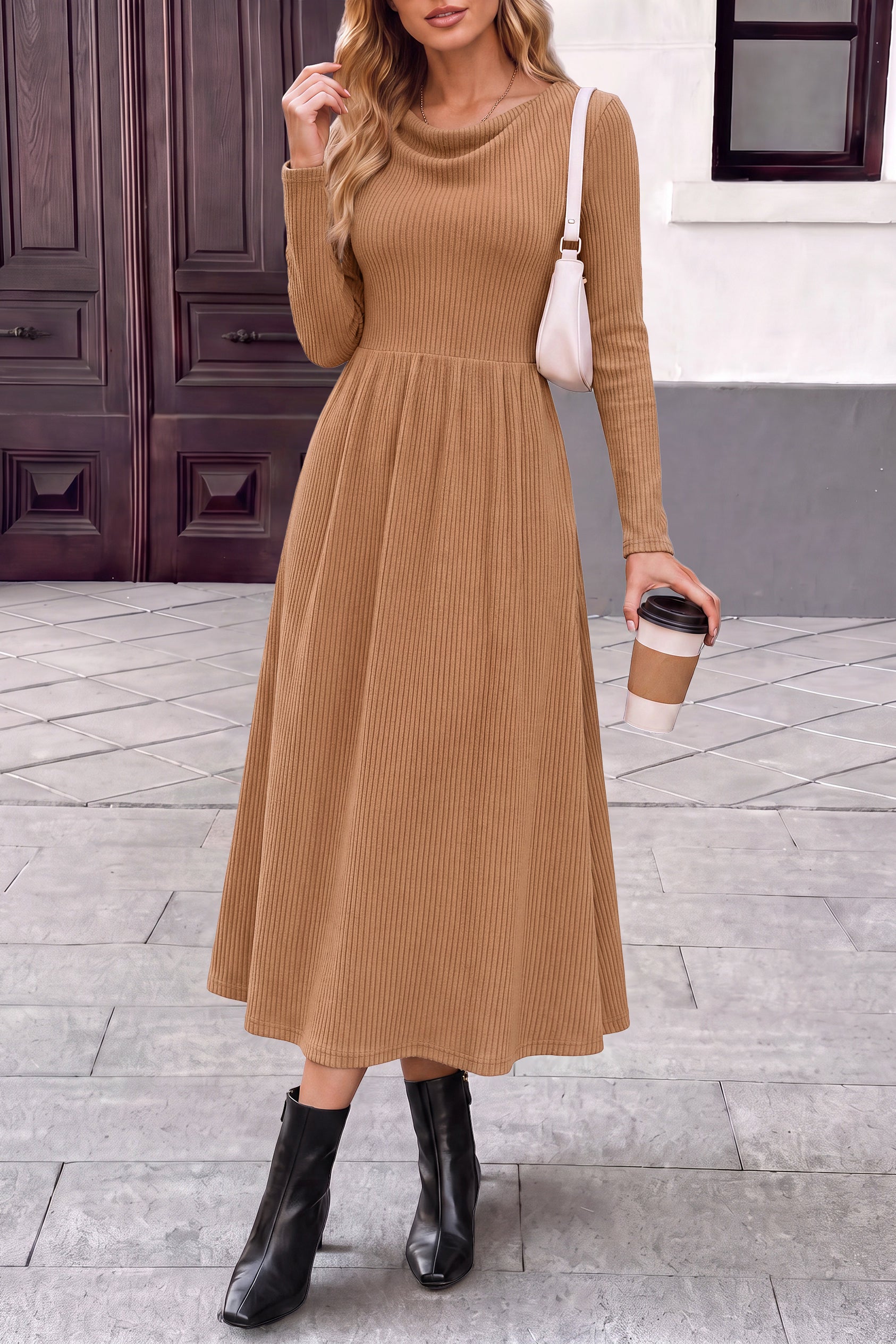 PRETTYGARDEN Women Casual Cowl Neck Long Sleeve Midi Dress
