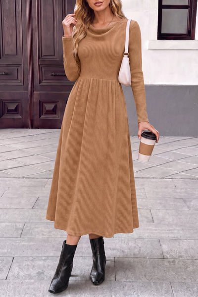 PRETTYGARDEN Women Casual Cowl Neck Long Sleeve Midi Dress