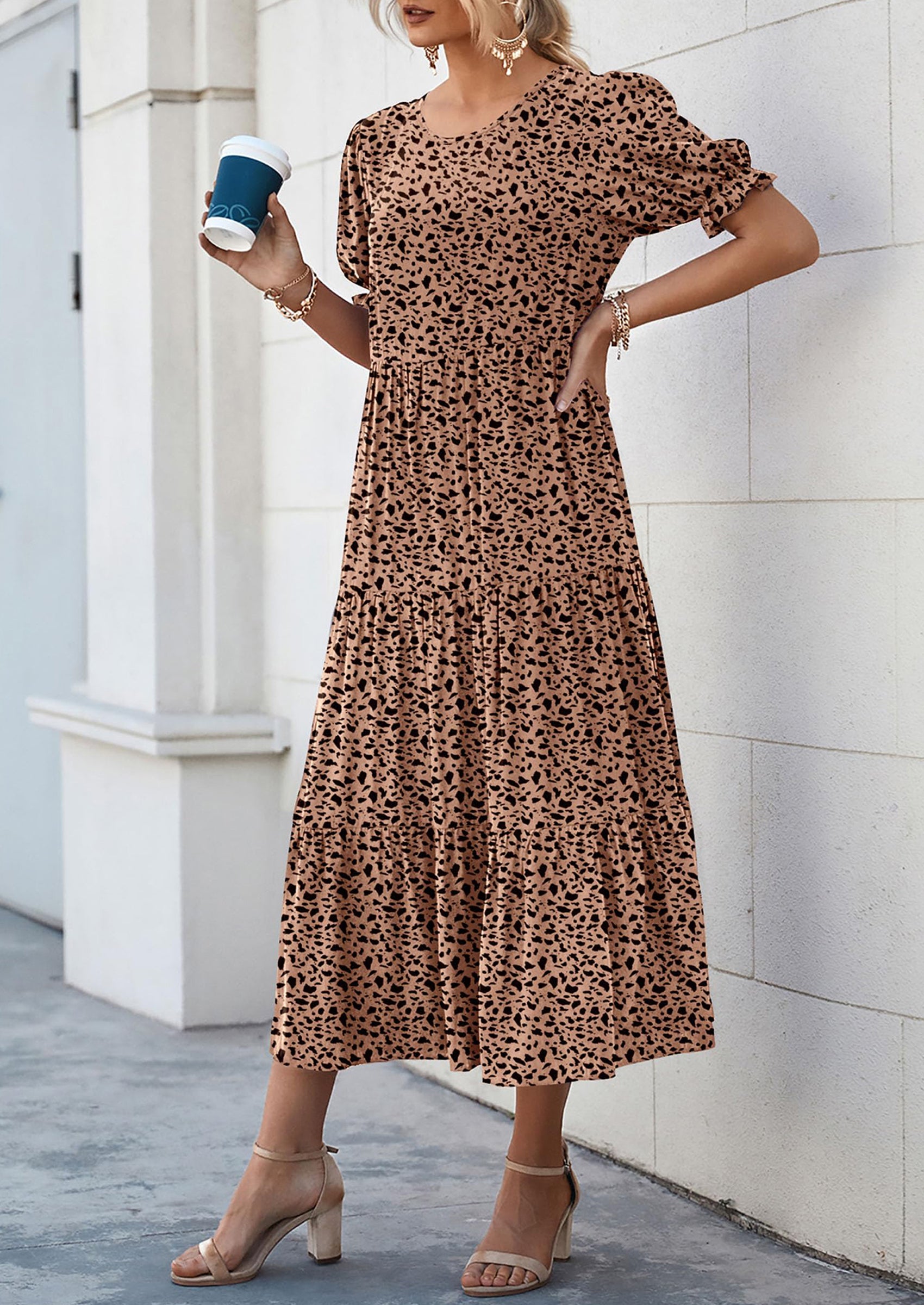 PRETTYGARDEN Women's Summer Casual Floral Boho Dress Puff Short Sleeve Ruffle Flowy Beach Party Midi Dresses