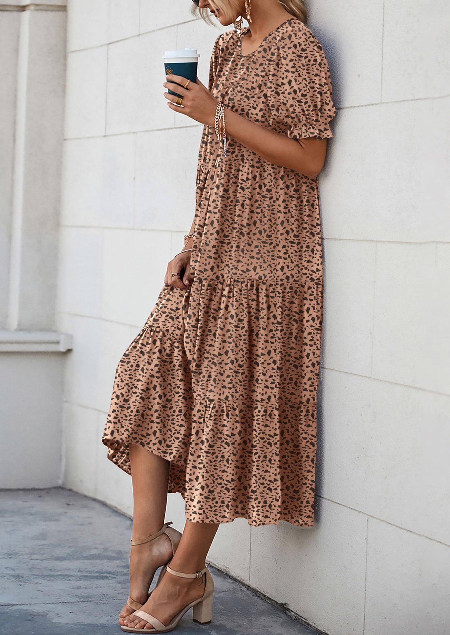 PRETTYGARDEN Women's Summer Casual Floral Boho Dress Puff Short Sleeve Ruffle Flowy Beach Party Midi Dresses