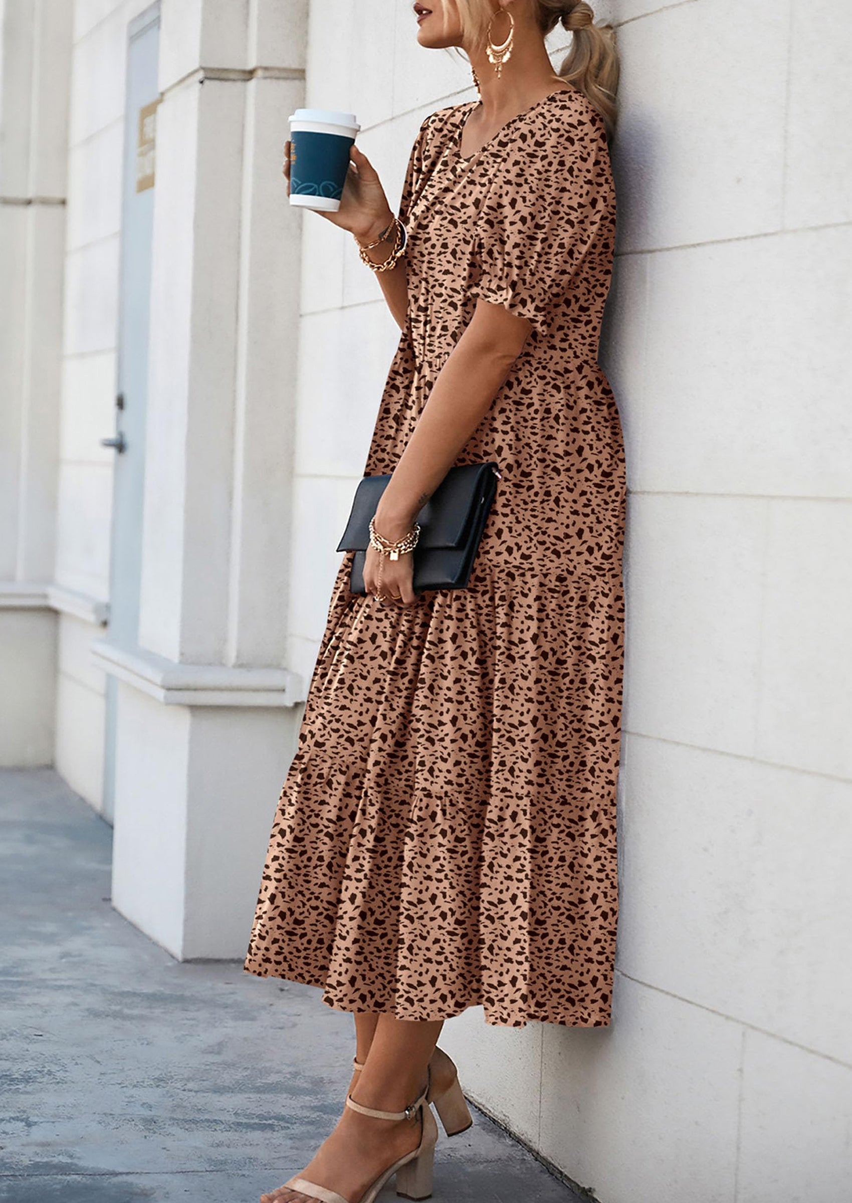 PRETTYGARDEN Women's Summer Casual Floral Boho Dress Puff Short Sleeve Ruffle Flowy Beach Party Midi Dresses