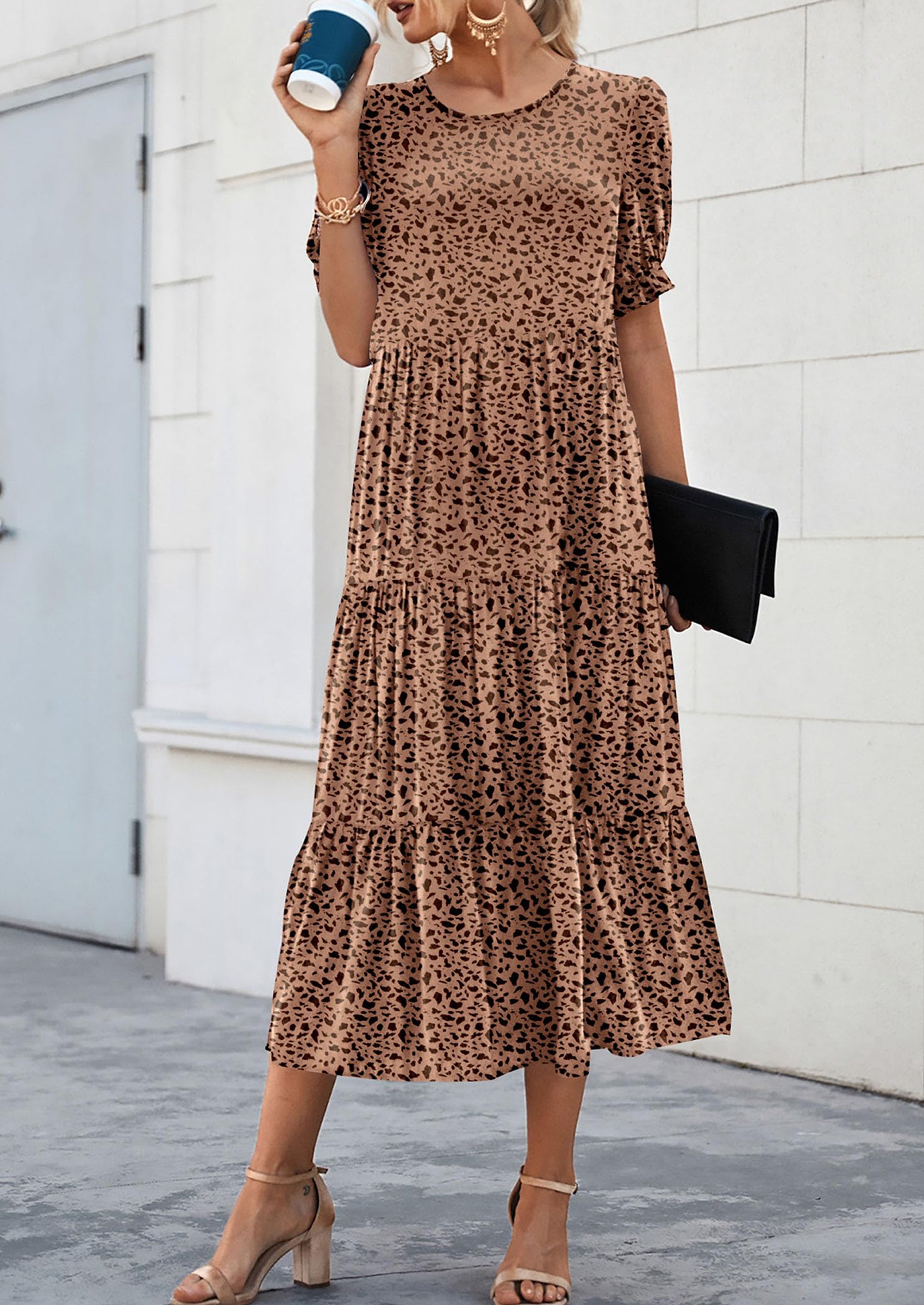 PRETTYGARDEN Women's Summer Casual Floral Boho Dress Puff Short Sleeve Ruffle Flowy Beach Party Midi Dresses