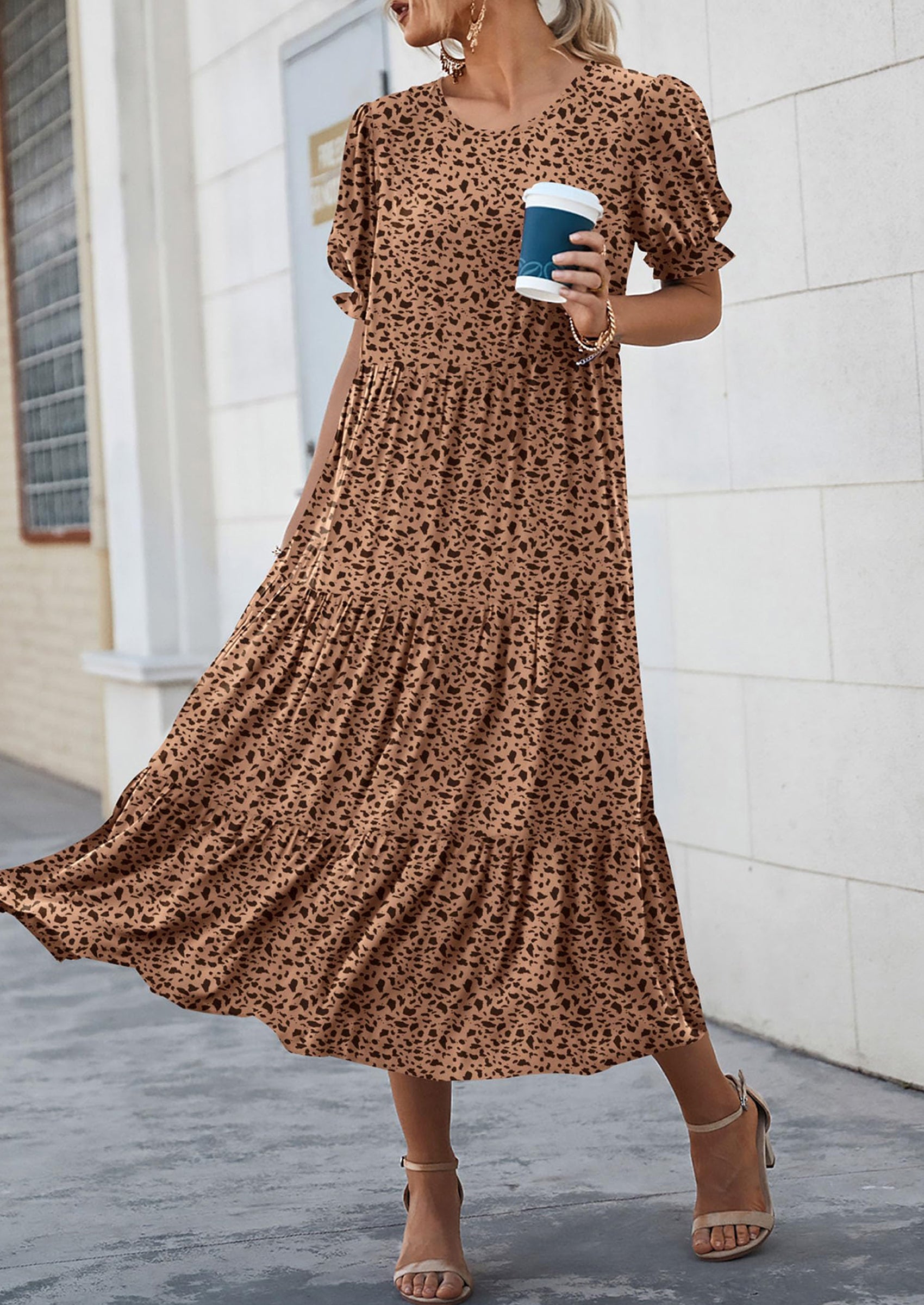 PRETTYGARDEN Women's Summer Casual Floral Boho Dress Puff Short Sleeve Ruffle Flowy Beach Party Midi Dresses