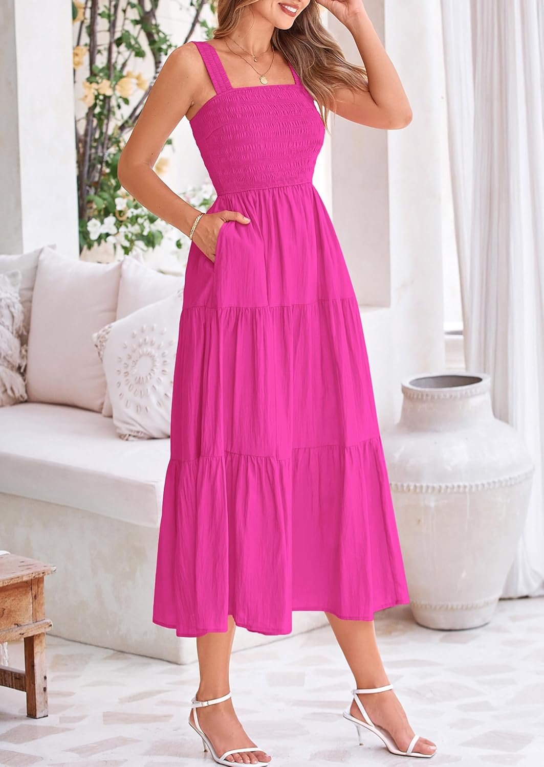 Womens Smocked Summer  Ruffle A Line Long Flowy Dresses Cute Sleeveless Beach Sundress Midi Dress