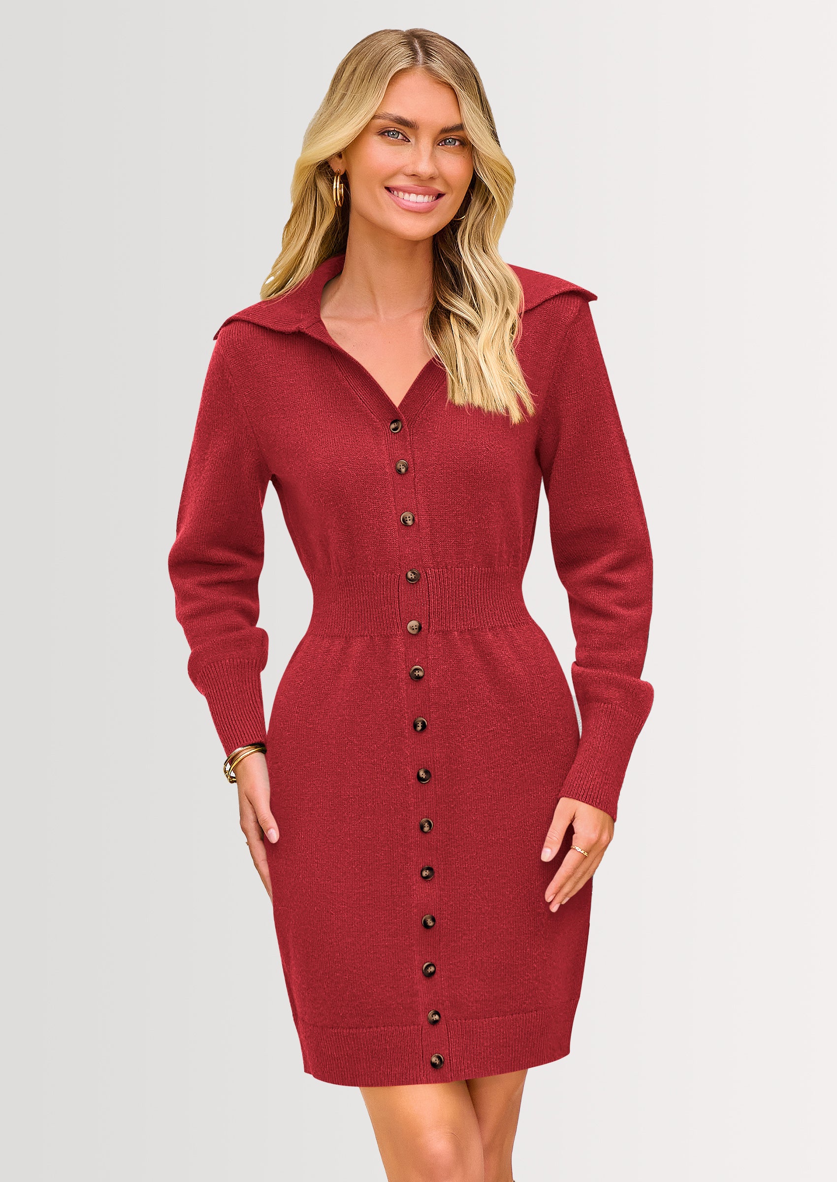 PRETTYGARDEN Sweater Dresses for Women Trendy Long Sleeve Button Down Short Spring Dress