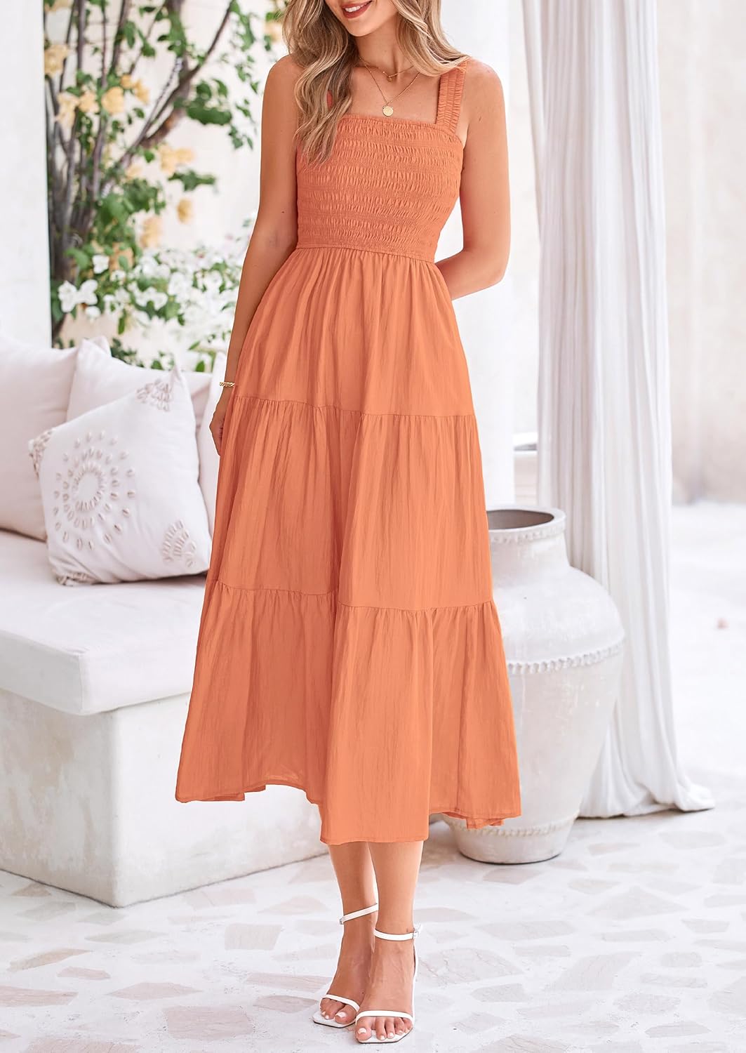 Womens Smocked Summer  Ruffle A Line Long Flowy Dresses Cute Sleeveless Beach Sundress Midi Dress