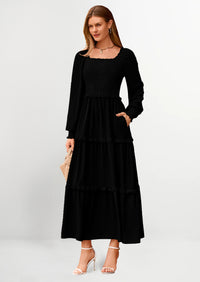 PRETTYGARDEN Women Fall Long Sleeve Smocked Maxi Dress Casual Square Neck Swiss Dot Tiered Ruffle Flowy Spring Pocket Dresses