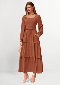 PRETTYGARDEN Women Fall Long Sleeve Smocked Maxi Dress Casual Square Neck Swiss Dot Tiered Ruffle Flowy Spring Pocket Dresses