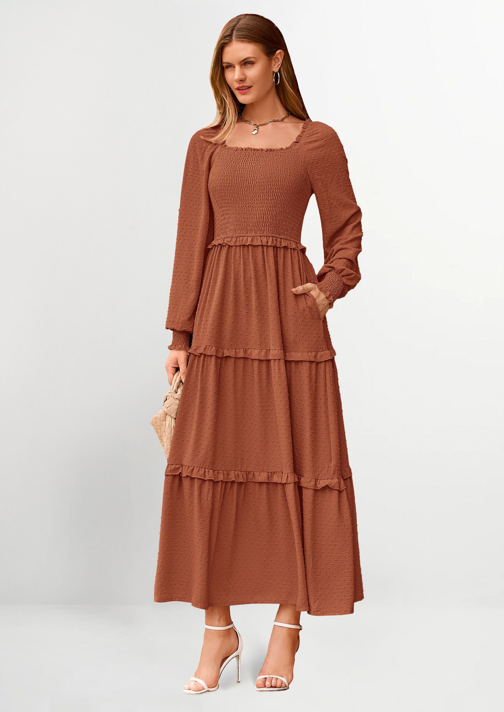 PRETTYGARDEN Women Fall Long Sleeve Smocked Maxi Dress Casual Square Neck Swiss Dot Tiered Ruffle Flowy Spring Pocket Dresses